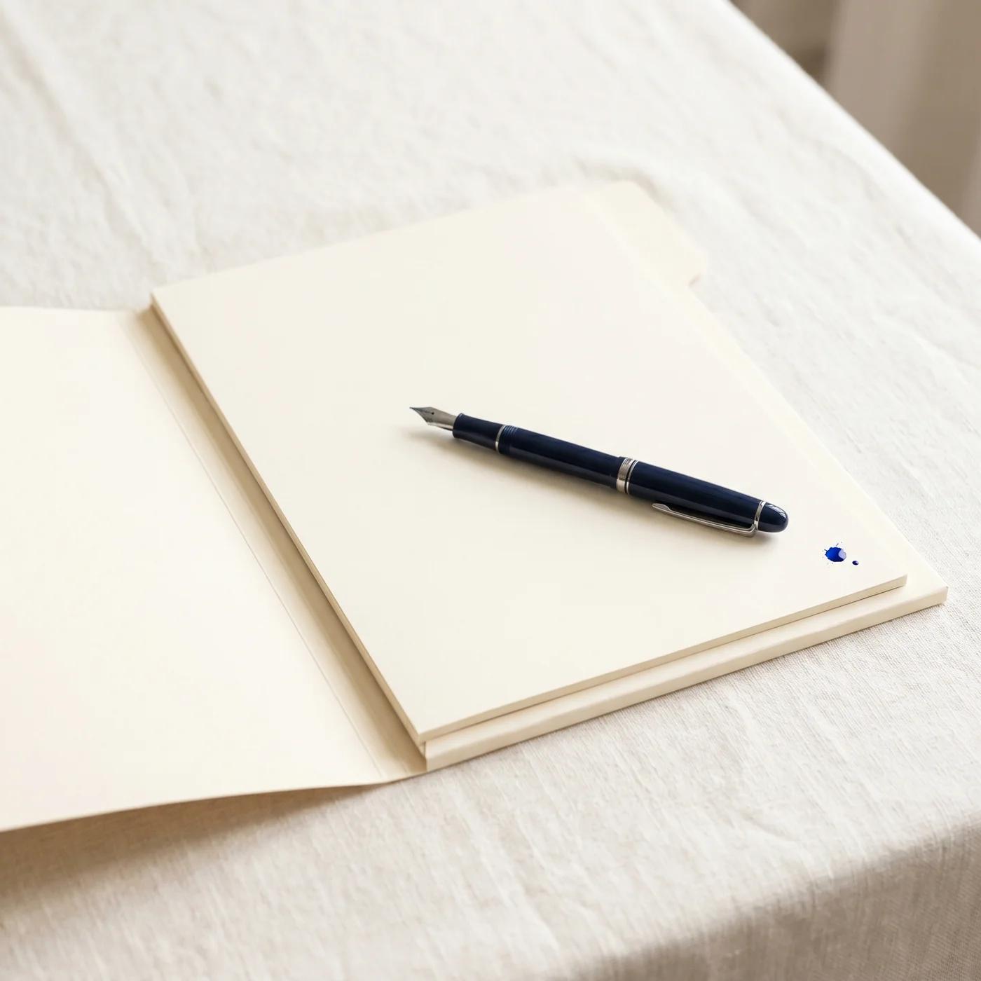 A cream paper dossier with a navy fountain pen resting on a blank form