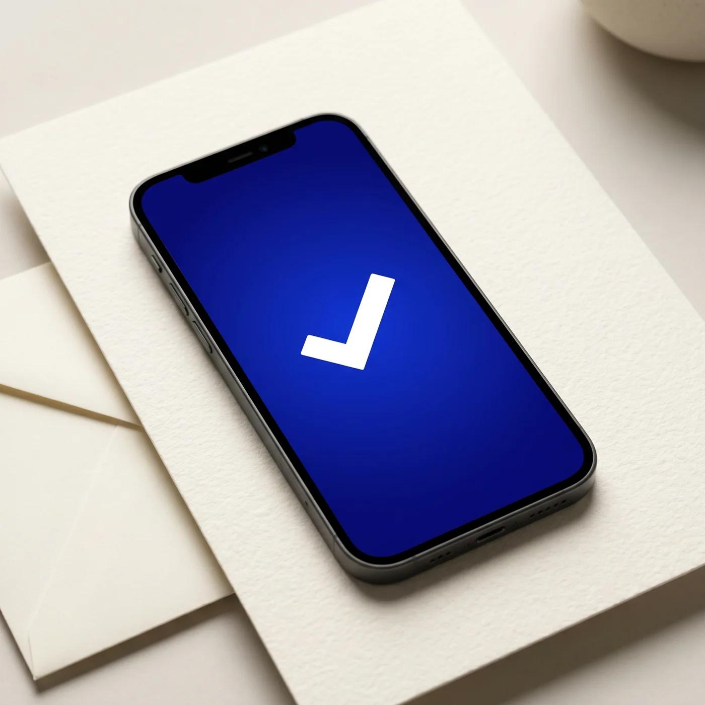 A smartphone on cream paper showing a single white checkmark on a blue screen