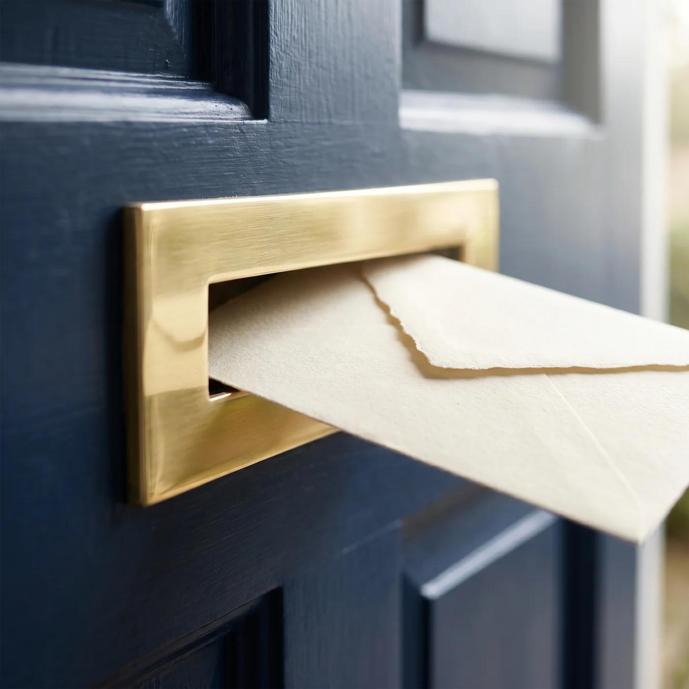 A verification letter entering a brass letterbox set in a navy door