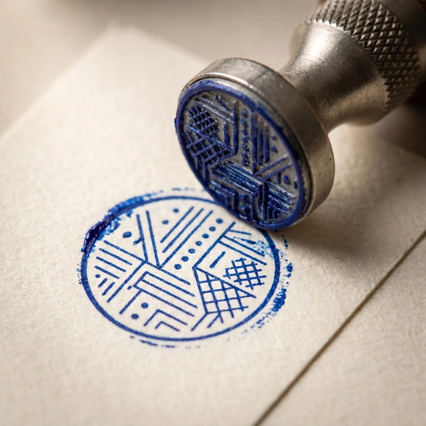 A metal hand stamp pressing a blue postmark onto paper