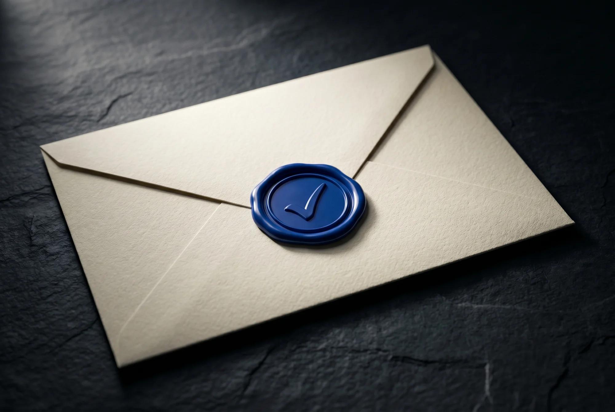 A cream envelope sealed with a blue wax stamp, resting on dark charcoal slate